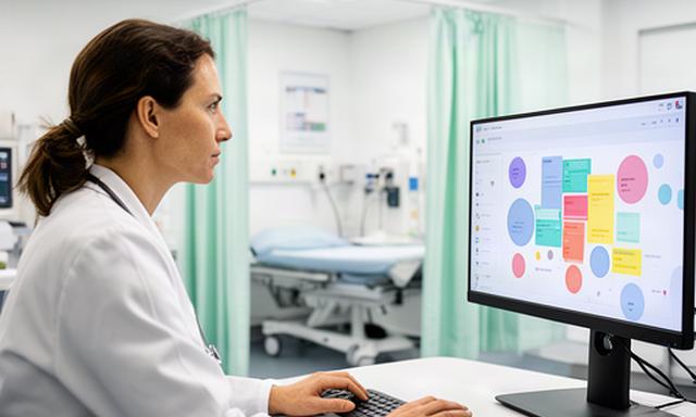 Clinician viewing an artificial intelligence triage dashboard in a modern NHS clinic