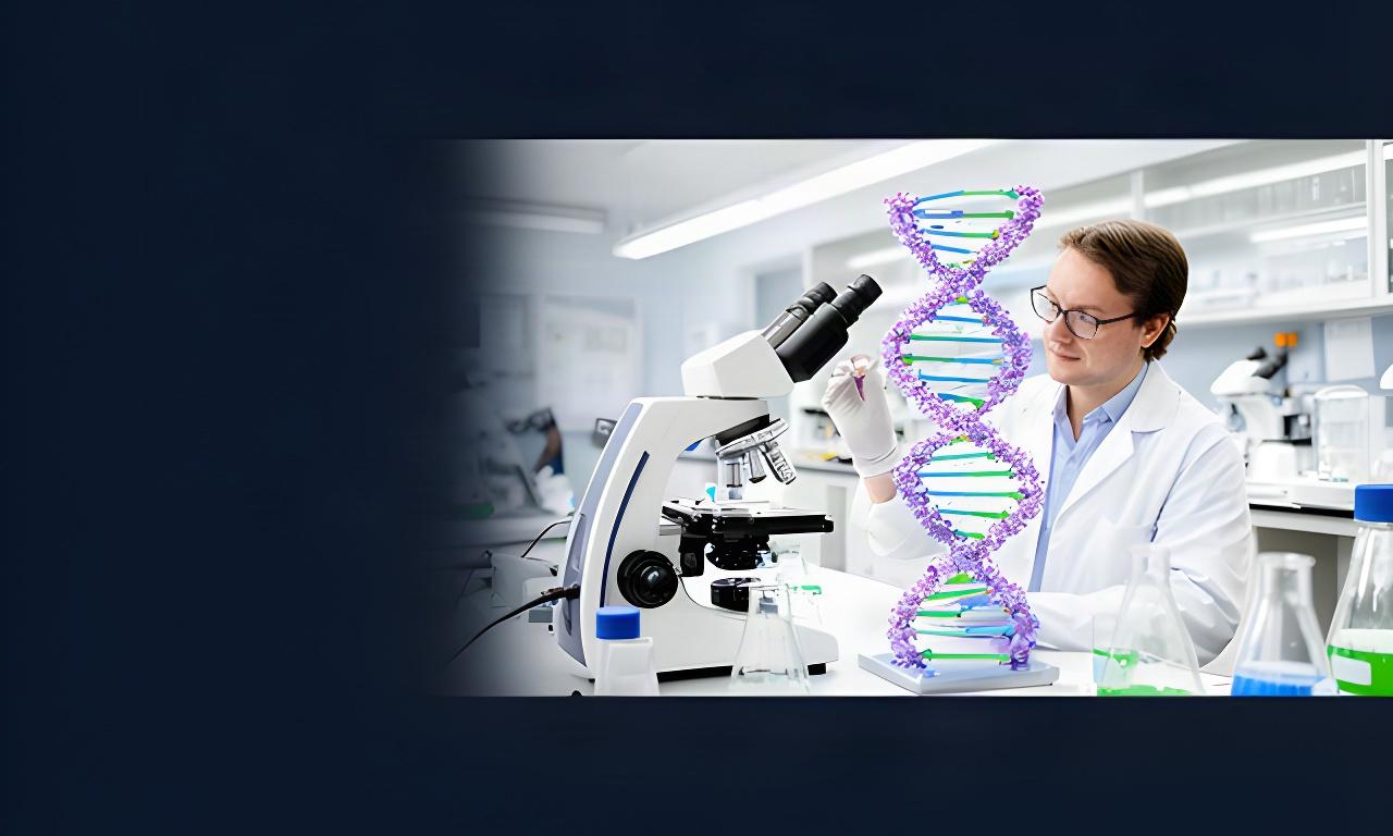 Researcher examining a DNA model beside a microscope in a bright UK life sciences laboratory