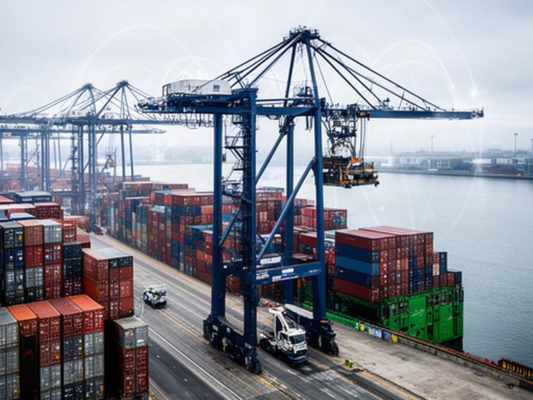 Automated cranes operating beside stacked containers at a UK port using a private 5G network