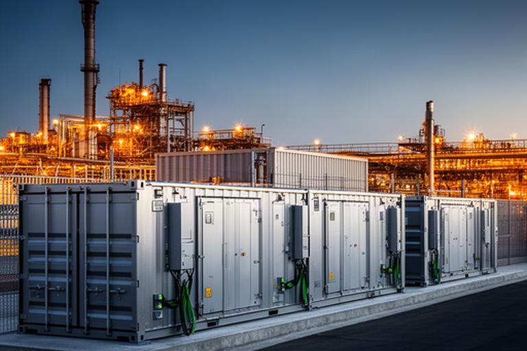 Large battery storage containers beside an industrial facility at dusk