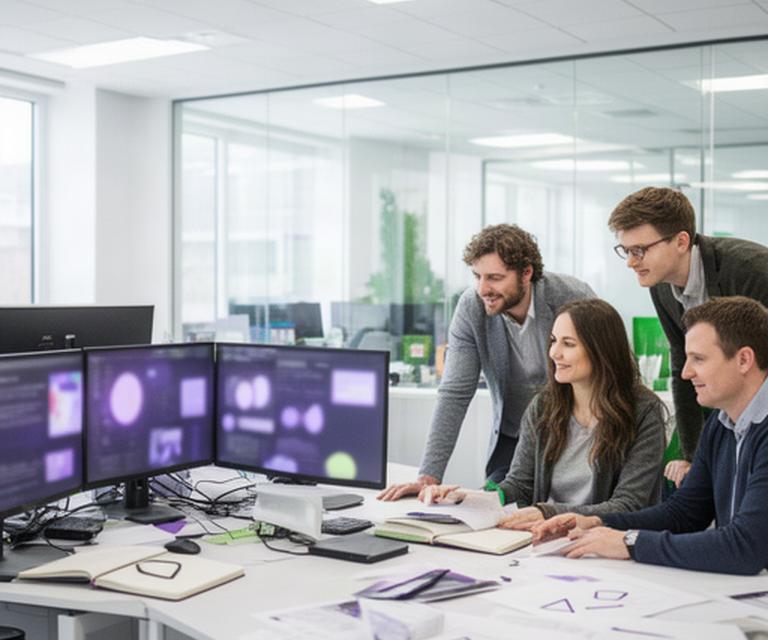 Editorial team reviewing technology research on screens in a bright Scottish newsroom