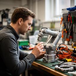 Robotics analyst examining a small industrial robot in a Scottish workshop