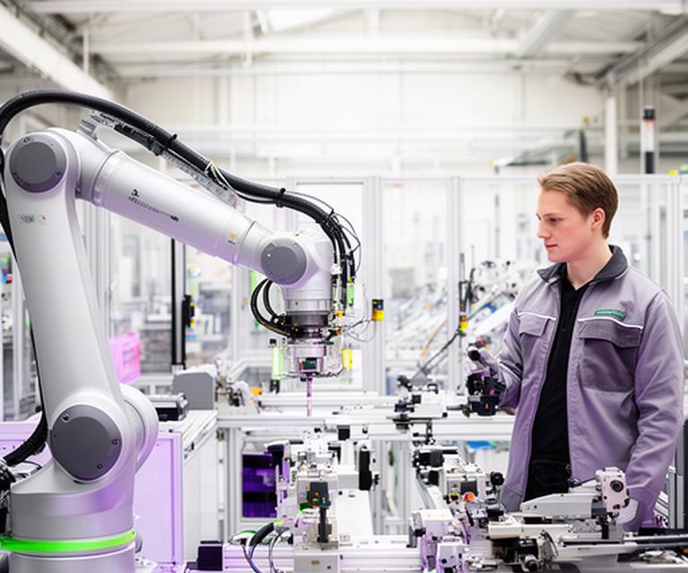 Robotic arm working beside an operator on a bright UK factory floor with sensors and automated tooling