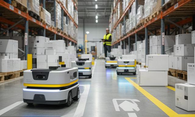 Small autonomous warehouse robots moving parcels through a European fulfilment centre